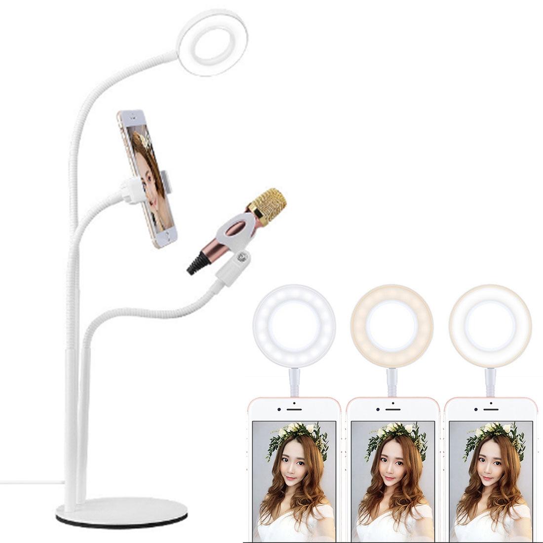 Universal Cell Phone Holder With Selfie Ring Light Microphone Clip & 3-Colour Light Adjustment For Studio Recording Live Broadcast Ktv White-1915196629716176897