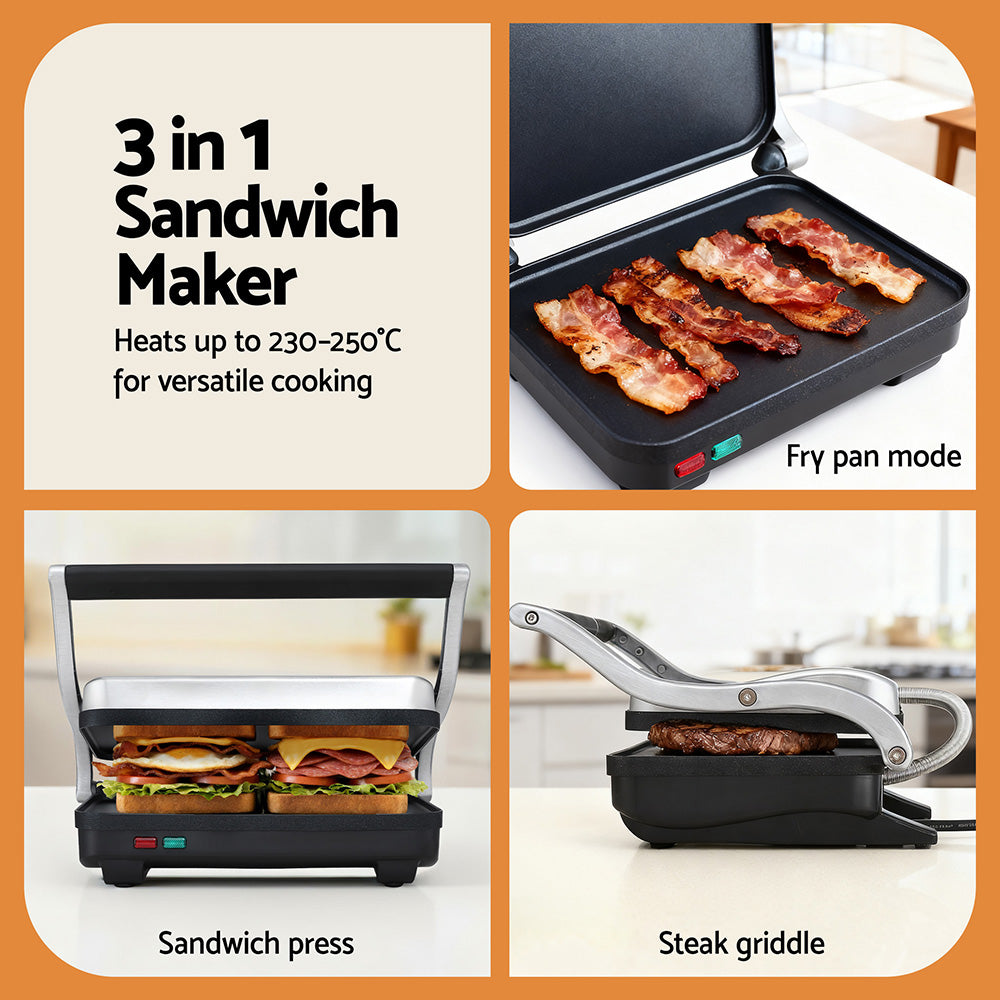 Devanti 3 in 1 Sandwich Maker Steak Press Grill 1000W