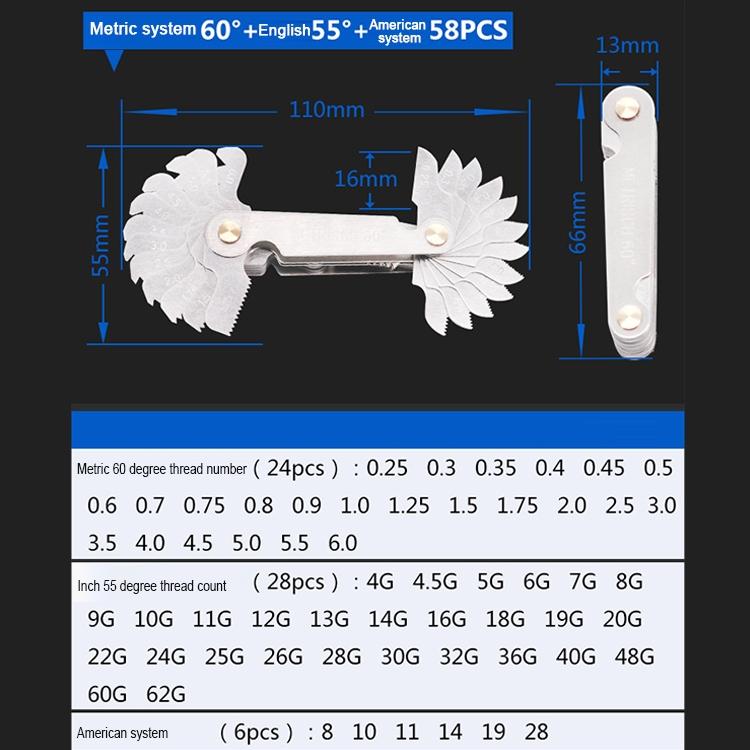 Stainless Steel Thread Gauge - 58 Pcs Metric & British 60 Degree & 55 Degree-1915197474457391107