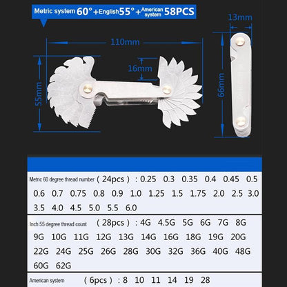 Stainless Steel Thread Gauge - 58 Pcs Metric & British 60 Degree & 55 Degree-1915197474457391107