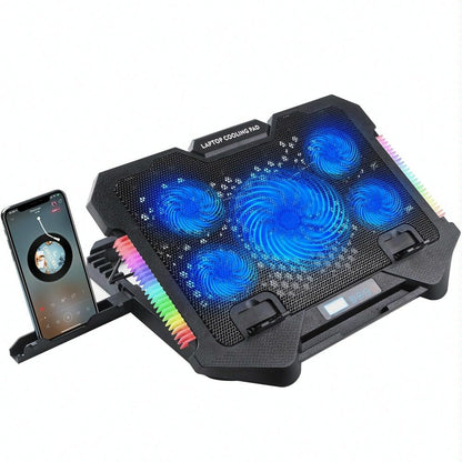 5-Fan Laptop Cooling Pad With Adjustable Stand And Phone Holder-1922443477405274118