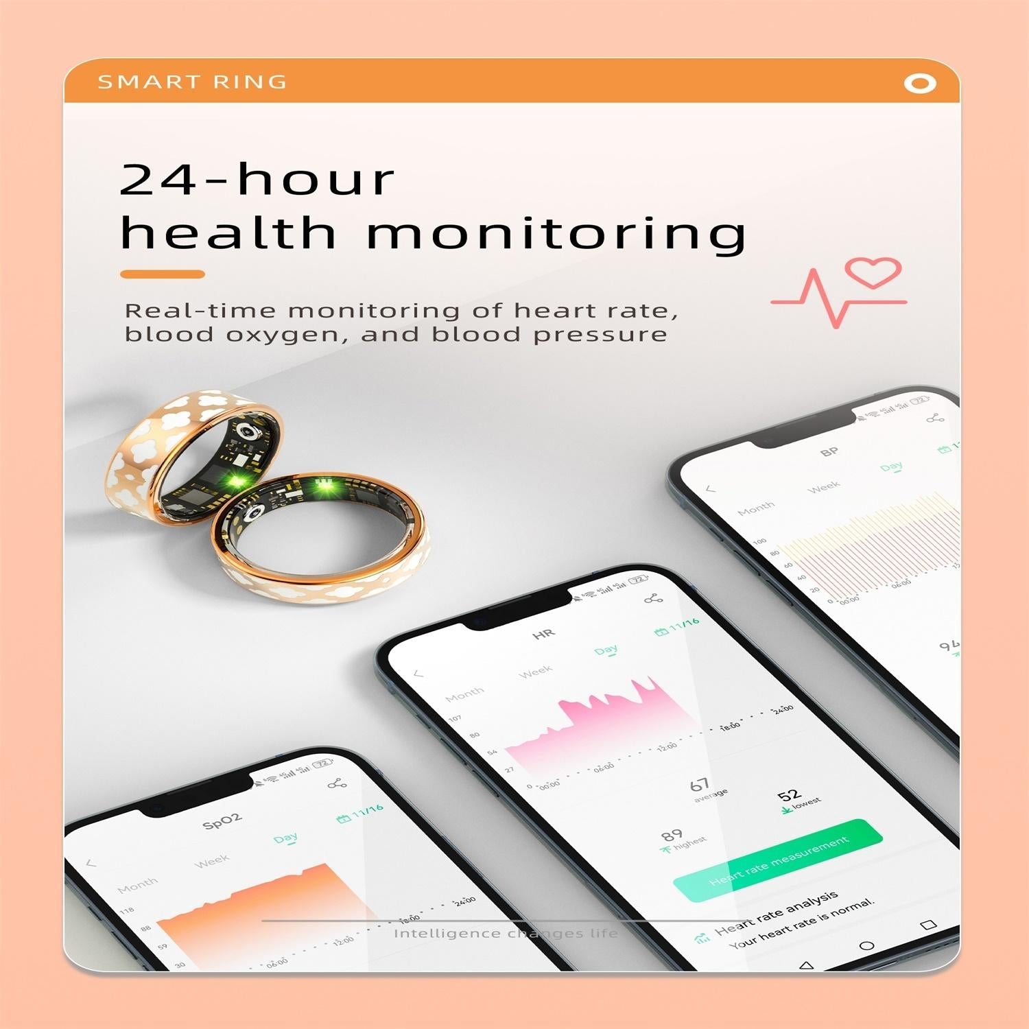 Smart Ring With Heart Rate Blood Oxygen Sleep Monitoring - Multiple Sports Modes - Rose Gold - Size 13-1964932232057589767