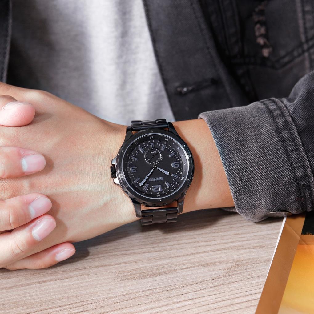 Stylish Waterproof Men Quartz Watch With Steel Band - Black-1915196917776781317