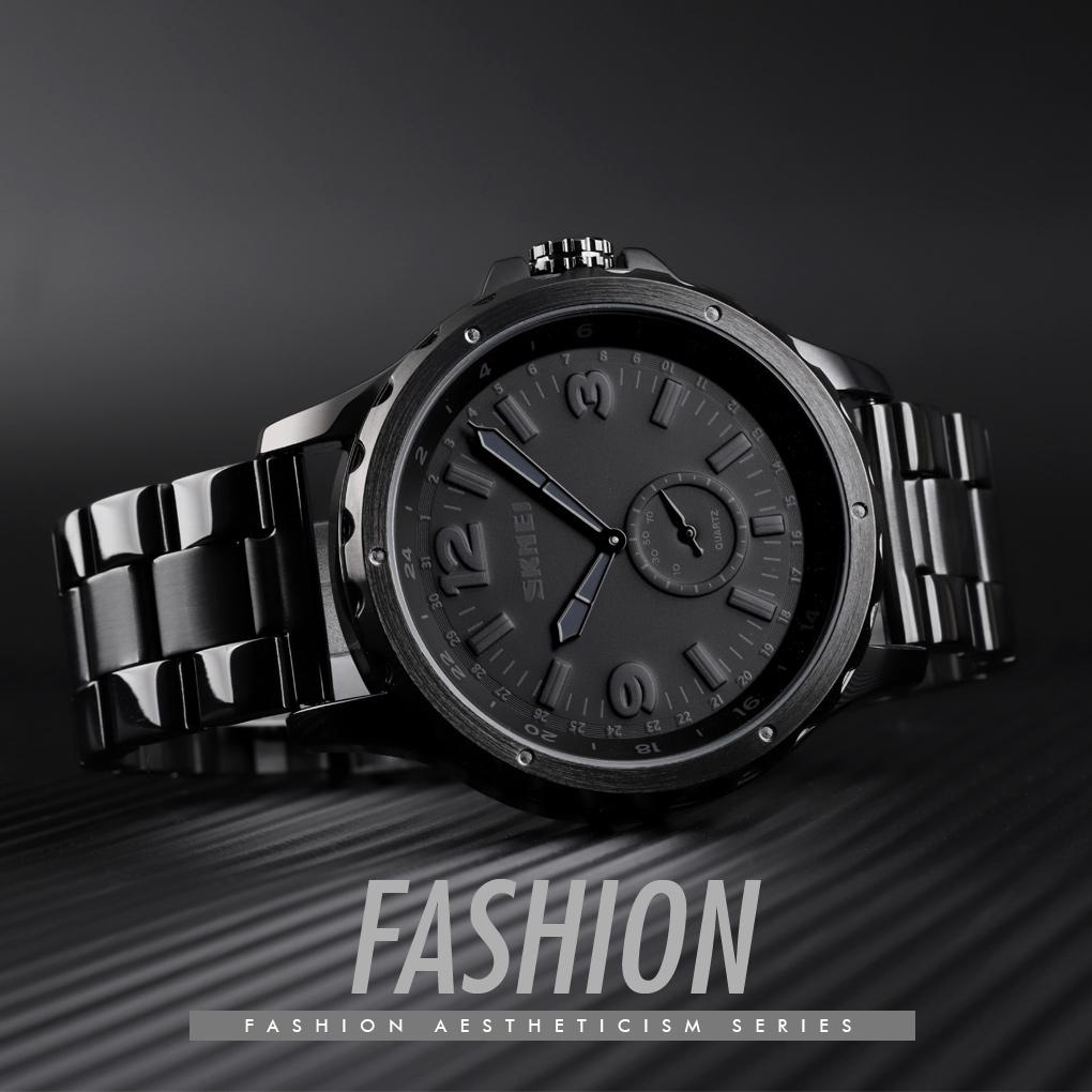 Stylish Waterproof Men Quartz Watch With Steel Band - Black-1915196917776781321
