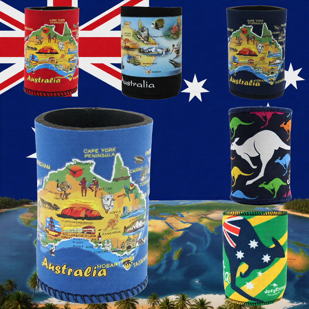 6x Australia Stubby Holder Set | Beer Bottle and Cooler | Maps Design | Aussie Souvenir