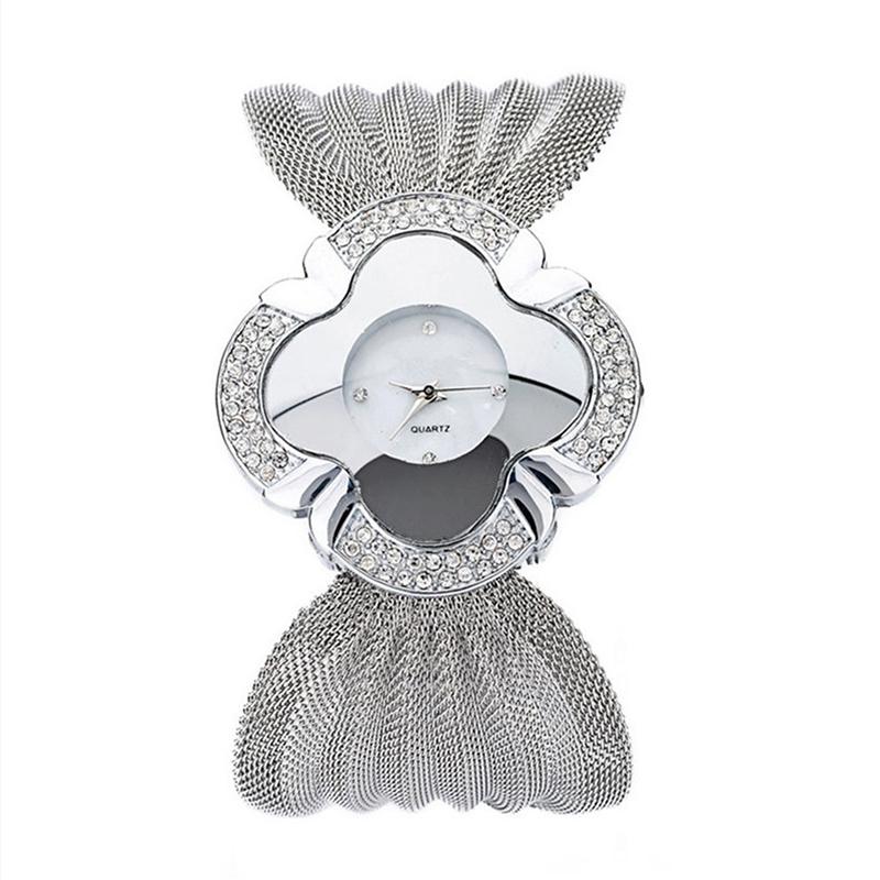 Silver Flower Mirror Watch With Diamond Grid Strap For Women-1915196688478375937