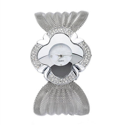 Silver Flower Mirror Watch With Diamond Grid Strap For Women-1915196688478375937