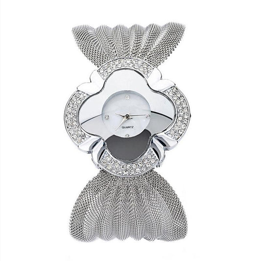 Silver Flower Mirror Watch With Diamond Grid Strap For Women-1915196688478375937