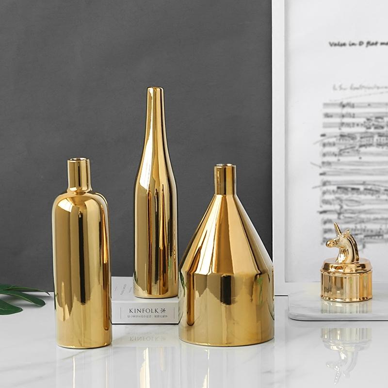 Gold Plated Ceramic Flower Vase - Desktop Decorative Three-Piece Set-1915197834530000898