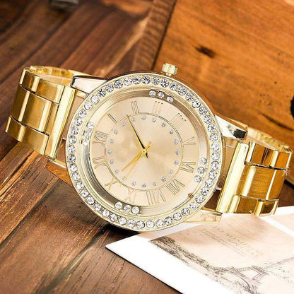 Gold Crystal Quartz Bracelet Watch - Stainless Steel-1915196891499466754