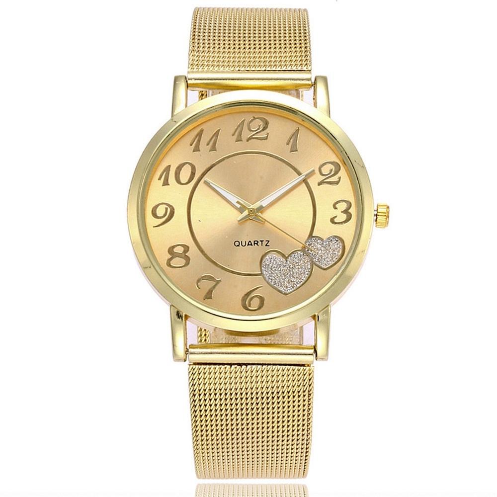 Women Double Heart Mesh Belt Watch - Golden Alloy-1969996406915731456