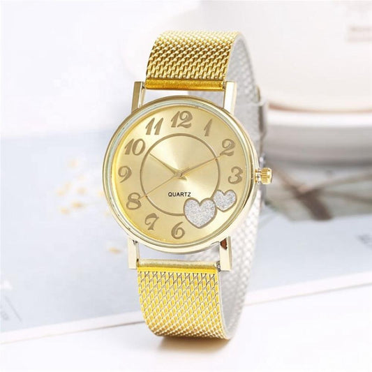 Women Double Heart Mesh Belt Watch - Golden Alloy-1969996406915731457