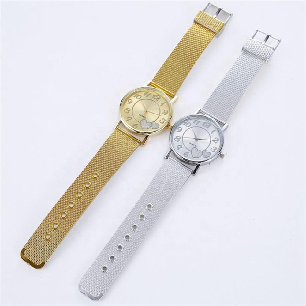 Women Double Heart Mesh Belt Watch - Golden Alloy-1969996406915731459