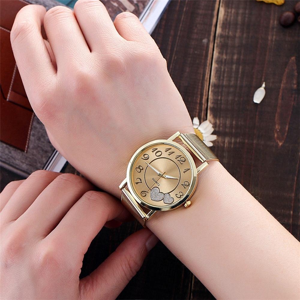 Women Double Heart Mesh Belt Watch - Golden Alloy-1969996406915731460