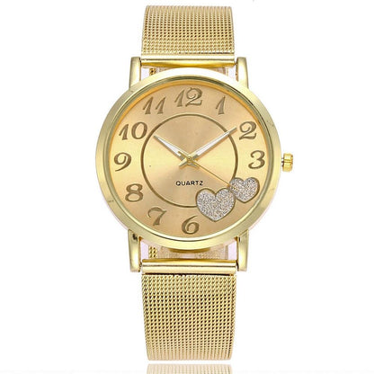 Women Double Heart Mesh Belt Watch - Golden Alloy-1969996406915731461