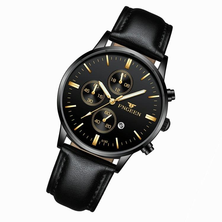 Men Three-Eye Luminous Quartz Watch - Black / Gold-1915196529359065089