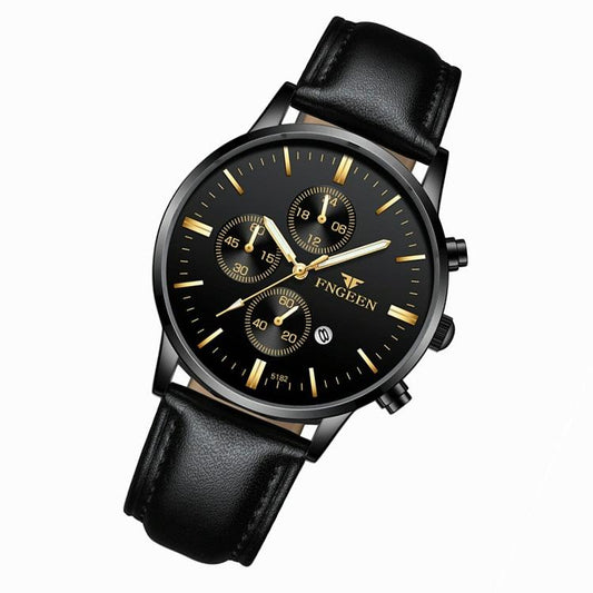 Men Three-Eye Luminous Quartz Watch - Black / Gold-1915196529359065089