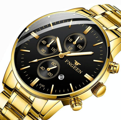 Men Three-Eye Luminous Quartz Watch - Black / Gold-1915196529359065090