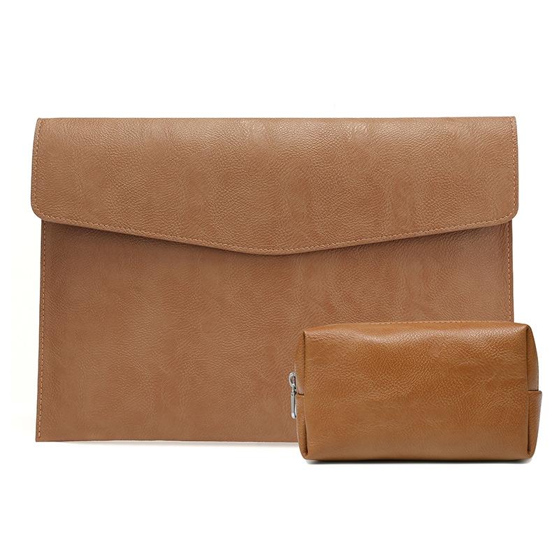 14 Laptop Sleeve & Power Bag - Litchi Pattern Pu Leather - Light Brown-1915197798043750400
