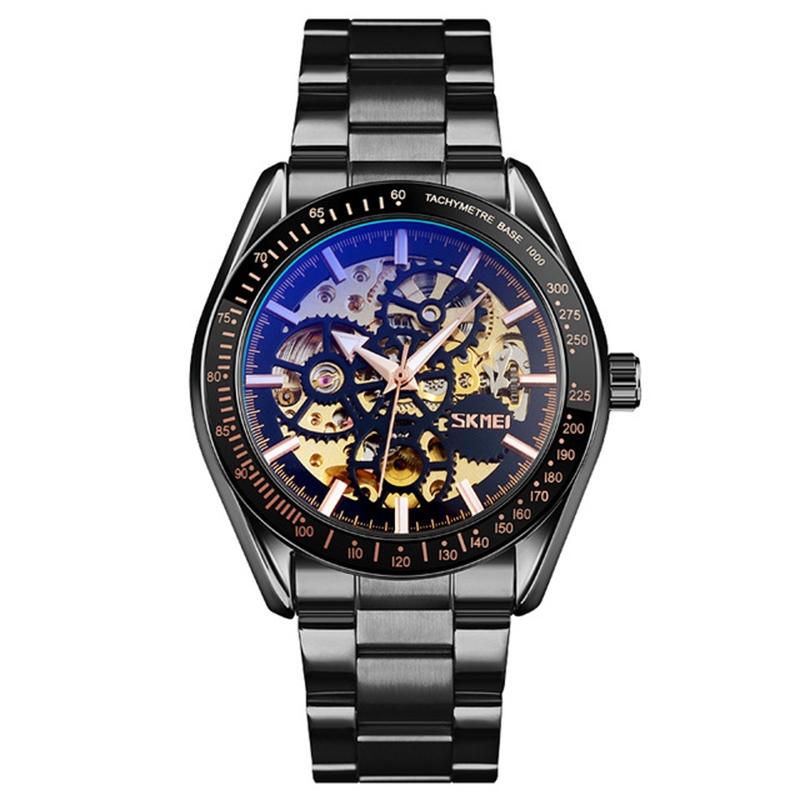 Men Automatic Skeleton Mechanical Watch With Steel Band - Black-1969996474930565121