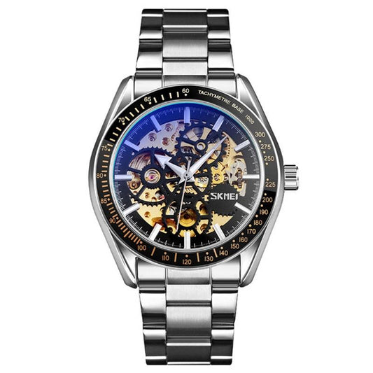 Silver Steel Band Automatic Skeleton Watch For Men-1922443454894444545