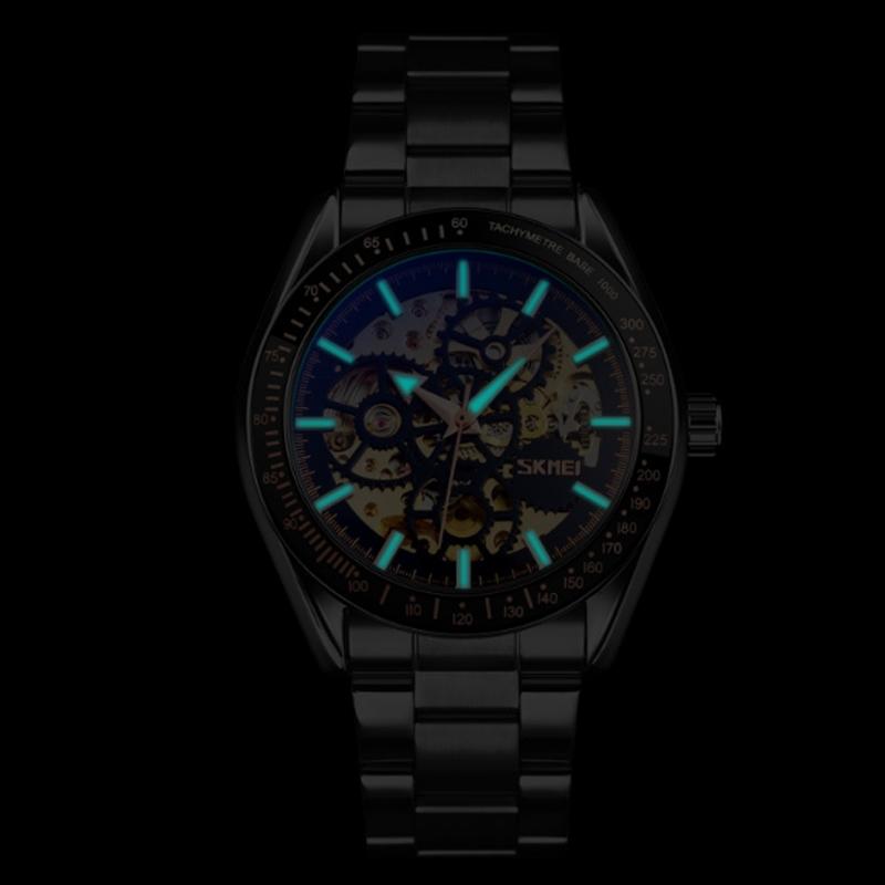 Silver Steel Band Automatic Skeleton Watch For Men-1922443454894444552