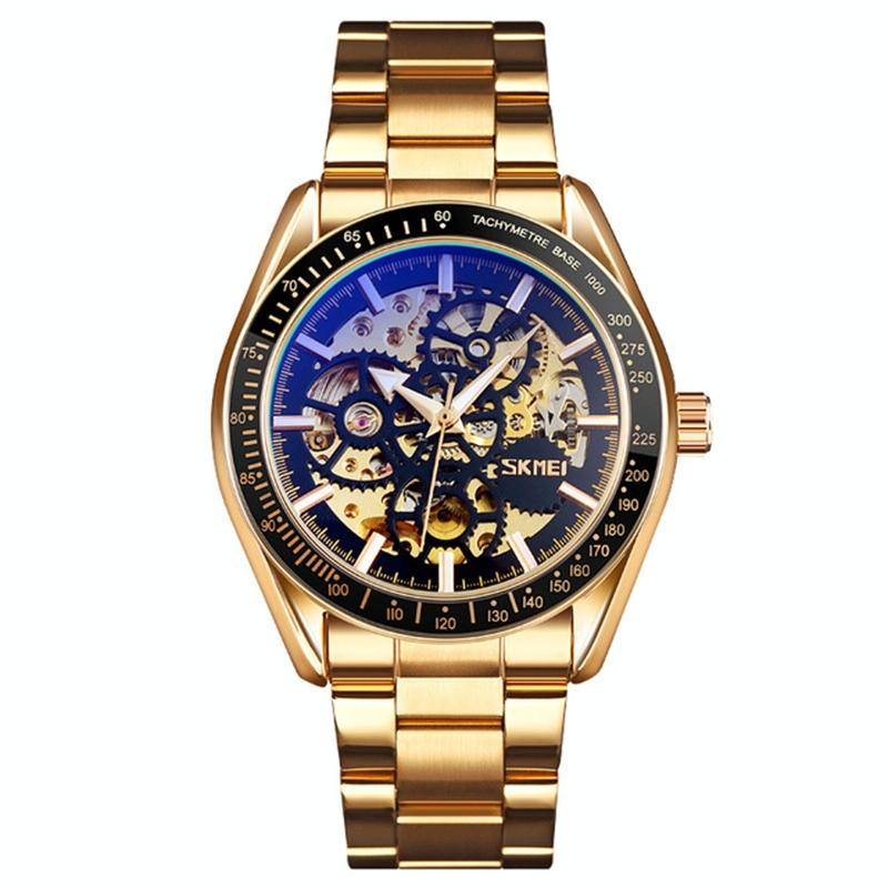 Golden Black Face Men Automatic Skeleton Watch With Steel Band-1915197961290256384