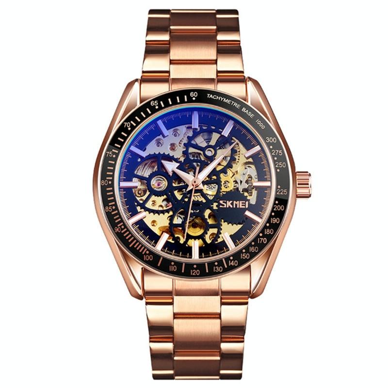 Rose Gold Automatic Skeleton Watch For Men With Steel Band-1915197798190551041