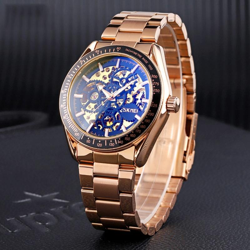 Rose Gold Automatic Skeleton Watch For Men With Steel Band-1915197798190551043