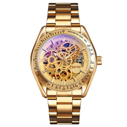 Golden Steel Band Automatic Skeleton Watch For Men-1915197616329723904