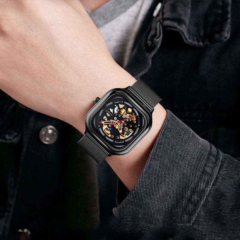 Men Automatic Tourbillon Watch With Mesh Strap - Black-1915198333408907271