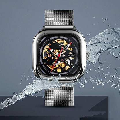 Men Automatic Tourbillon Watch With Hollow Square Mesh - Gold-1915197991451496451