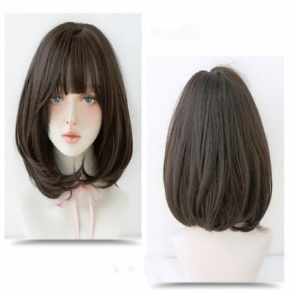 40Cm Short Hair Wig With Bangs For Round Face - Chocolate-1915198325280346112