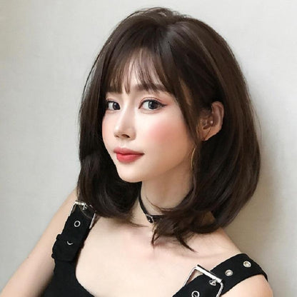 40Cm Short Hair Wig With Bangs For Round Face - Chocolate-1915198325280346117