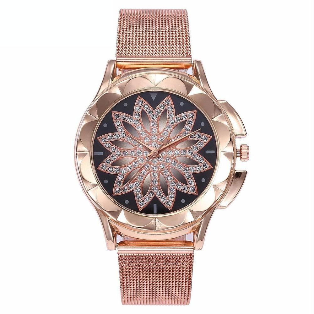 Rose Gold Flower Bracelet Watch With Rhinestone Mesh-1915196861661188097