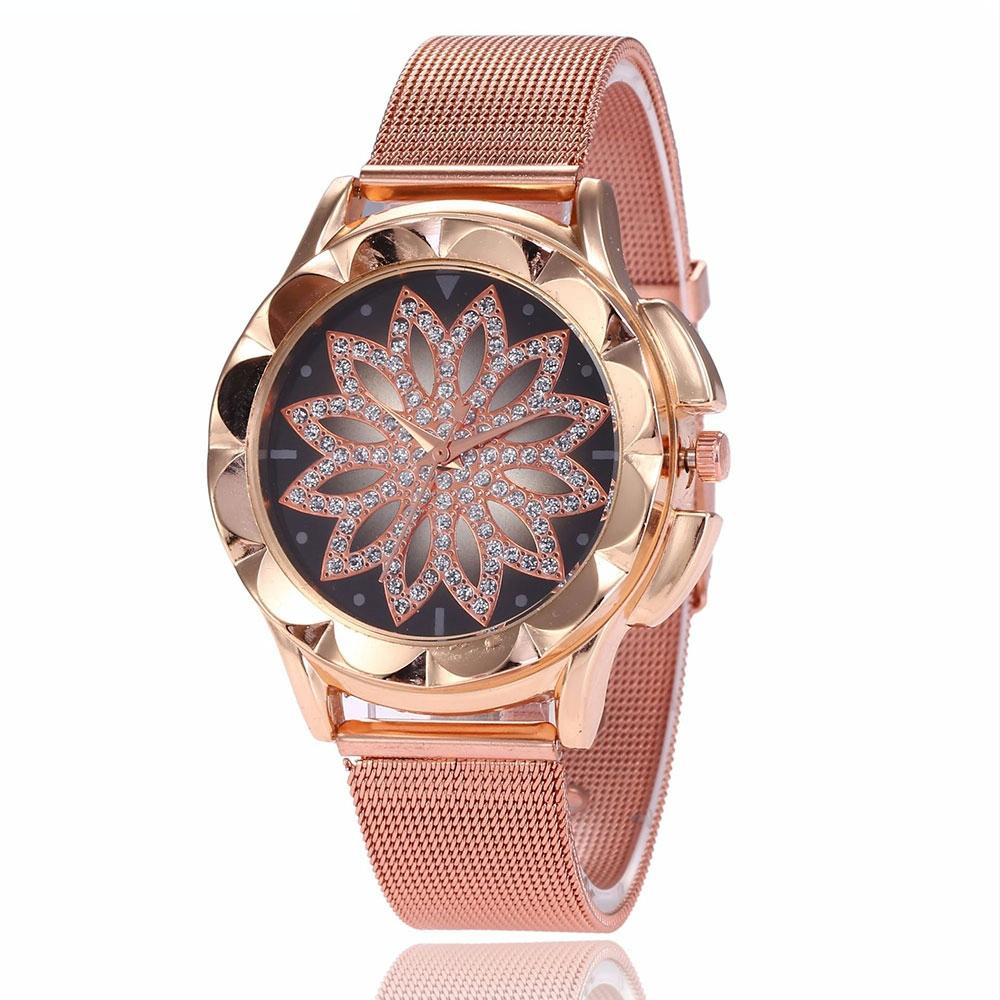 Rose Gold Flower Bracelet Watch With Rhinestone Mesh-1915196861661188098