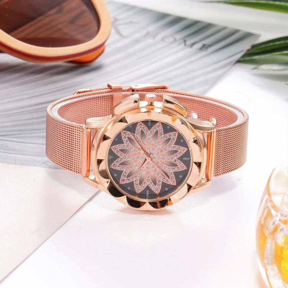 Rose Gold Flower Bracelet Watch With Rhinestone Mesh-1915196861661188099