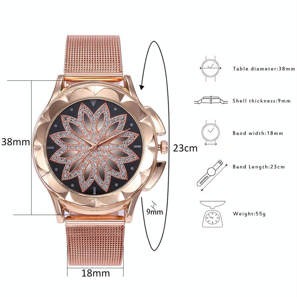 Rose Gold Flower Bracelet Watch With Rhinestone Mesh-1915196861661188100