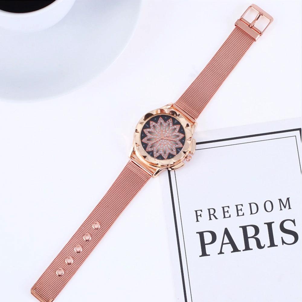 Rose Gold Flower Bracelet Watch With Rhinestone Mesh-1915196861661188101