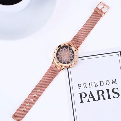 Rose Gold Flower Bracelet Watch With Rhinestone Mesh-1915196861661188101