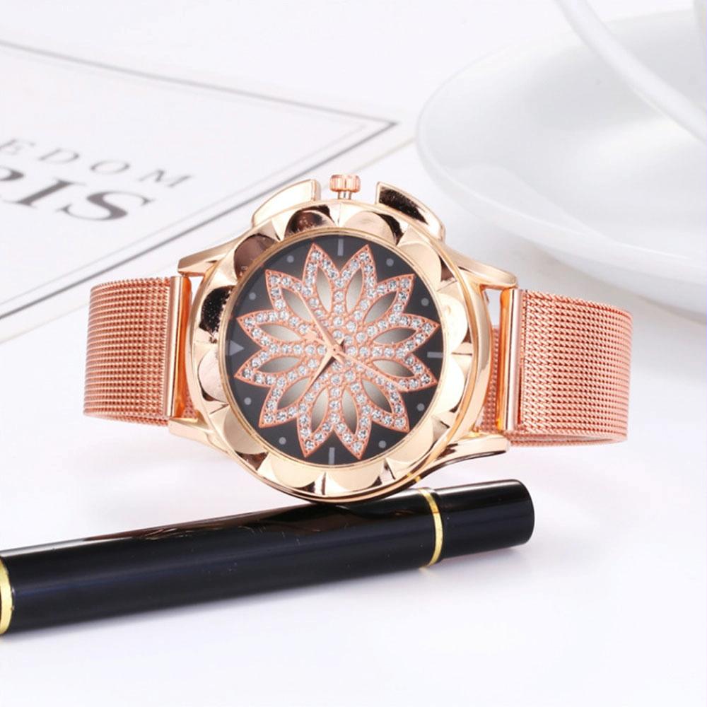 Rose Gold Flower Bracelet Watch With Rhinestone Mesh-1915196861661188102