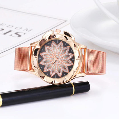 Rose Gold Flower Bracelet Watch With Rhinestone Mesh-1915196861661188102
