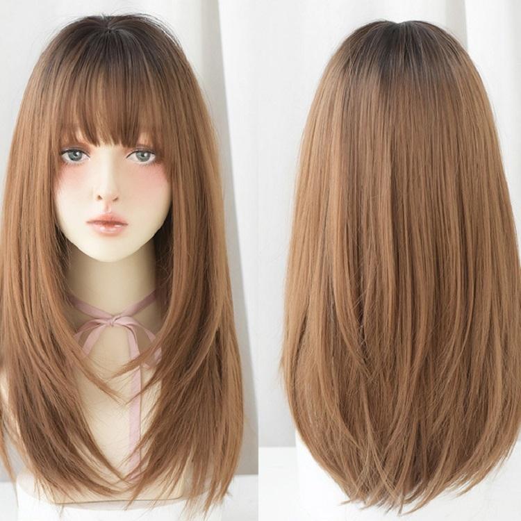 Sleek Long Hair Wig Set With Air Bangs - Honey Tea-1915198258502832128