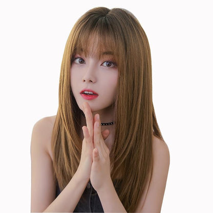 Sleek Long Hair Wig Set With Air Bangs - Honey Tea-1915198258502832129
