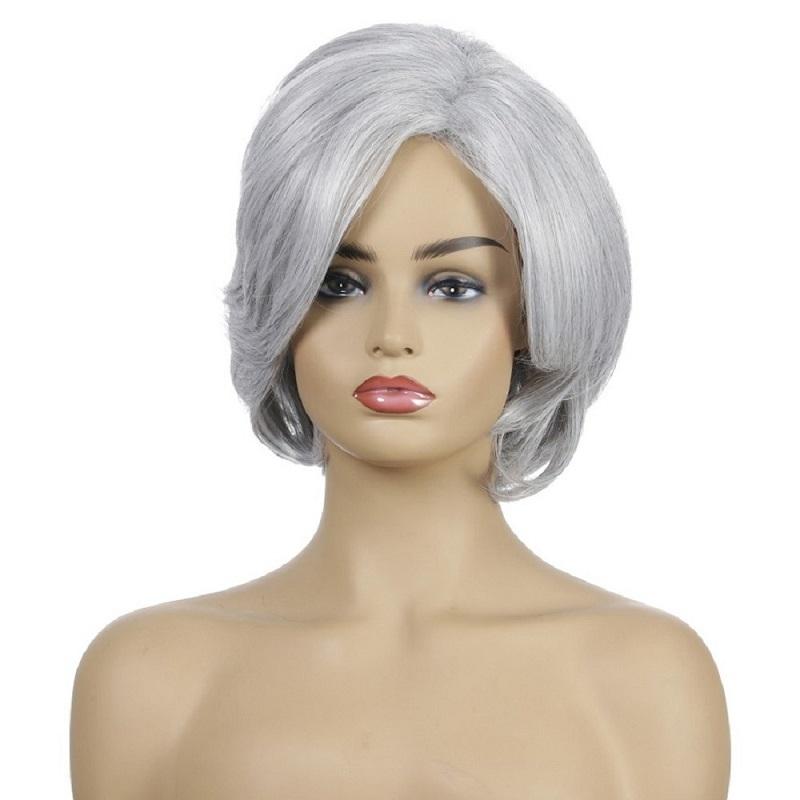 Short Curly Silver Gray Wig With Inner Button-1915196940321165318