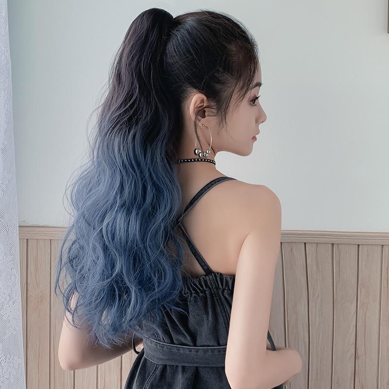 Blue Curly Gradient Ponytail Wig - Realistic Look-1915196933199237120