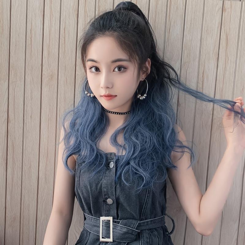 Blue Curly Gradient Ponytail Wig - Realistic Look-1915196933199237121