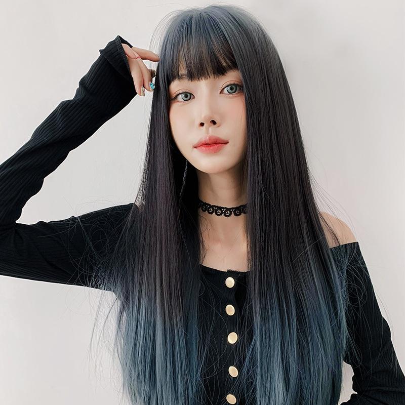 66Cm Long Straight Wig With Gradient Air Bangs-1915196950085505025