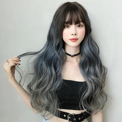 Gradient Fog Blue Gray Long Hair Wig - 68Cm Length-1915196898084524032