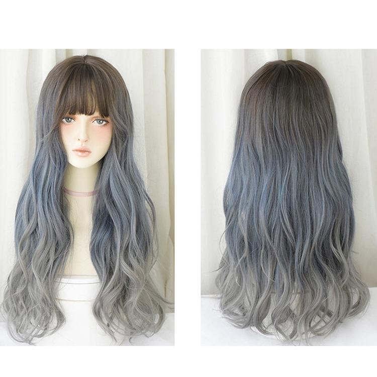 Gradient Fog Blue Gray Long Hair Wig - 68Cm Length-1915196898084524033